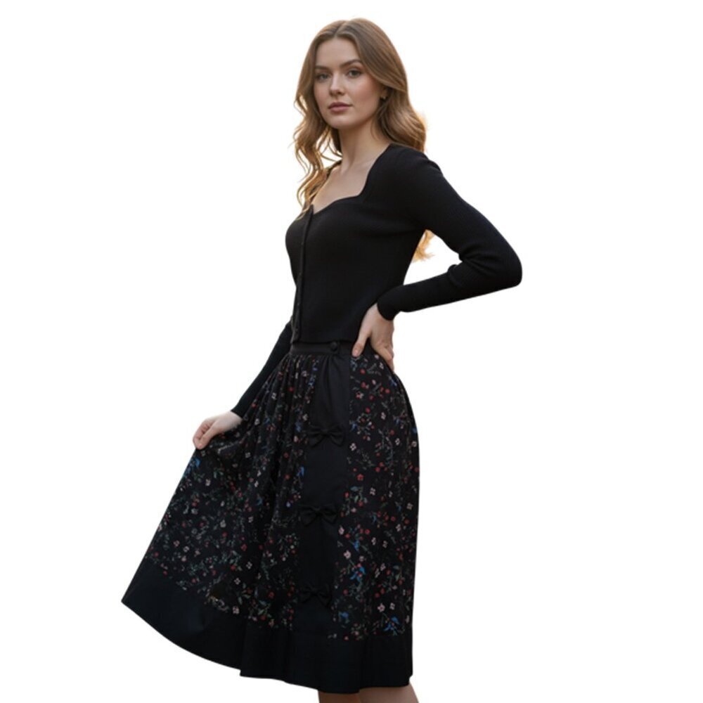 Unique Vintage Black Floral Print Midi Skirt Size M